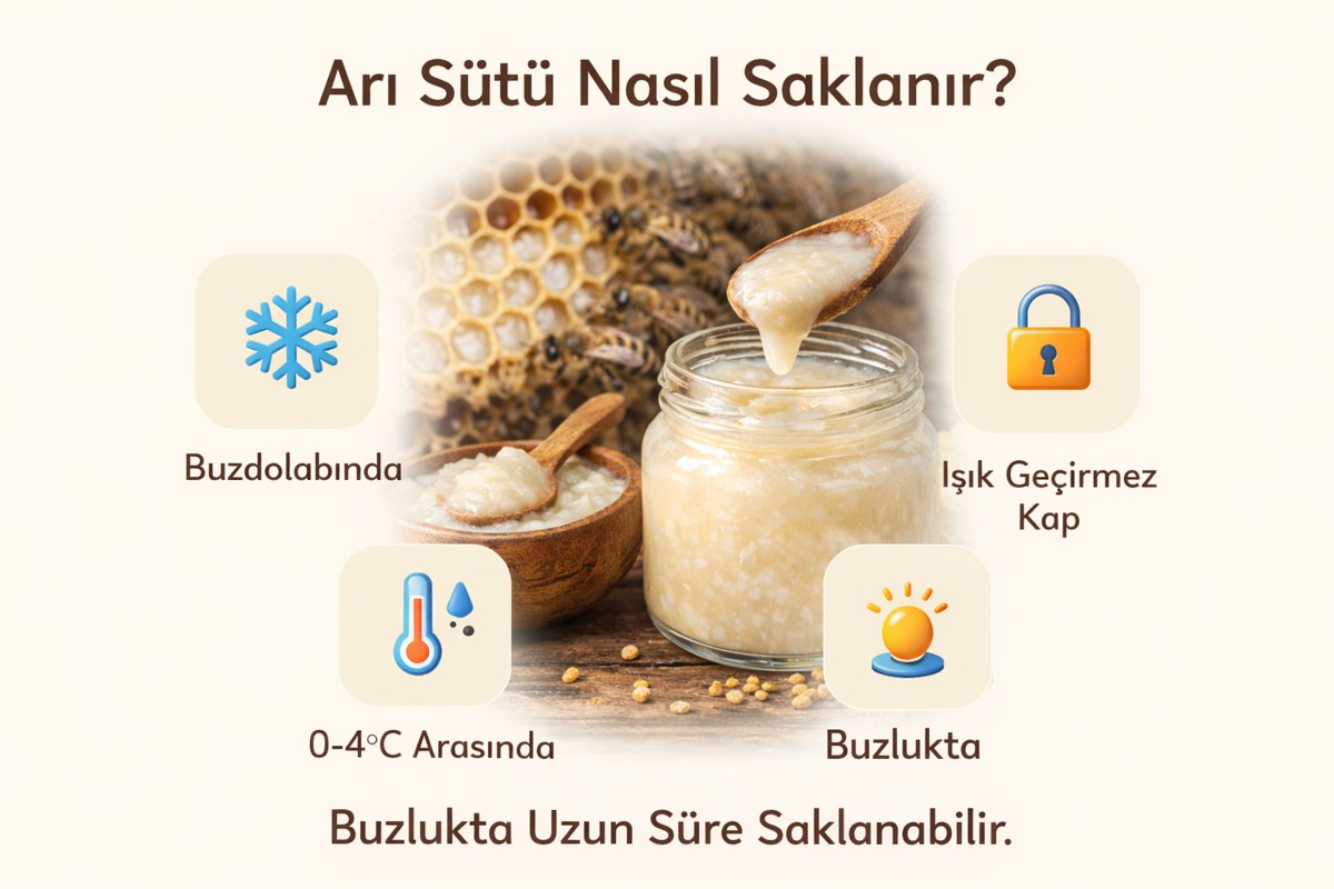 “Arı Sütü Nasıl Saklanır?” başlıklı 1200×800 infografik; ortada arı sütü kavanozu ve kaşık, arka planda petek; çevresinde “Buzdolabında”, “0–4°C Arasında”, “Işık Geçirmez Kap” ve “Buzlukta” saklama önerilerini temsil eden ikonlar ve altta “Buzlukta uzun süre saklanabilir” notu.