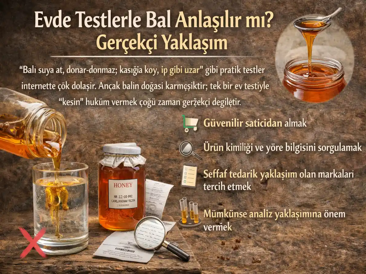 Evde yapılan bal testlerinin güvenilir olmadığını ve doğru bal seçimi için analiz ve güvenilir satıcı yaklaşımını anlatan görsel