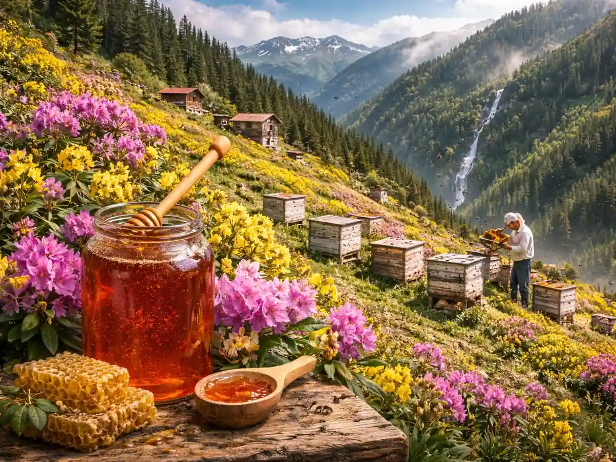 Rize ve Doğu Karadeniz yaylalarında orman gülü çiçekleri arasında kurulu arı kovanları ve deli bal üretimi
