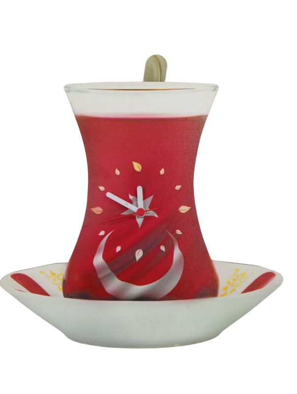 Ahşap Dekoratif Çay Bardağı Desenli Saat