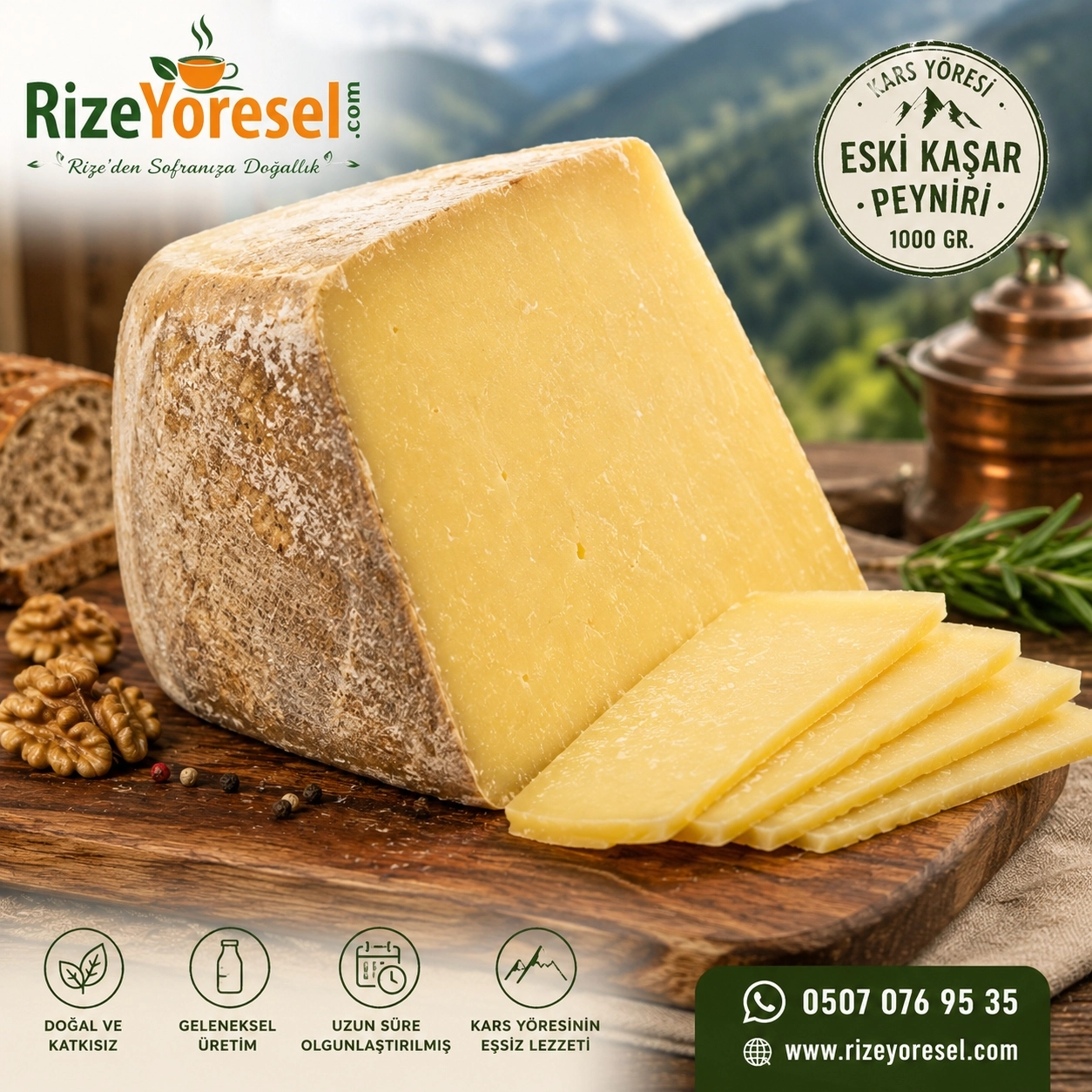 Eski Kars Kaşar Peyniri 1 Kg | En az 1 yıl bekletilmiş