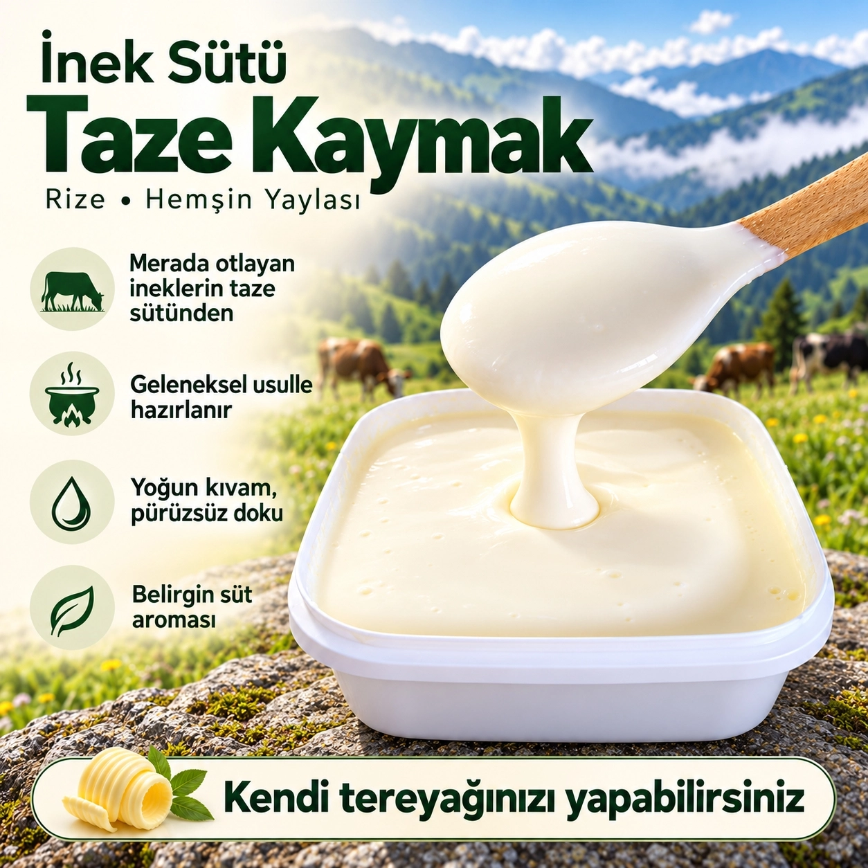 İnek Sütü Taze Kaymak (1 kg) | Hemşin Yaylası’ndan Geleneksel Kaymak